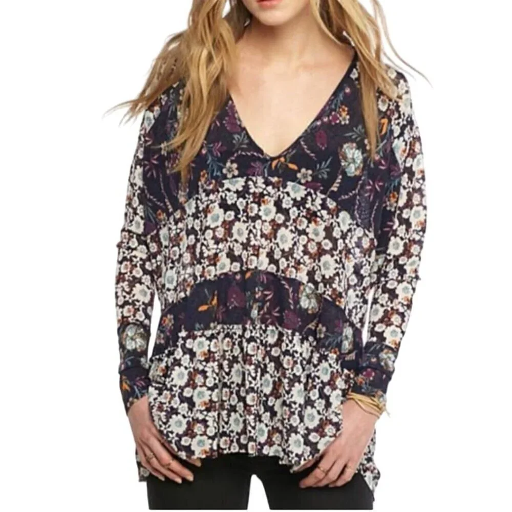 Free People Isabelle Floral Bohemian Oversized Long Sleeve Tunic Top Size XS